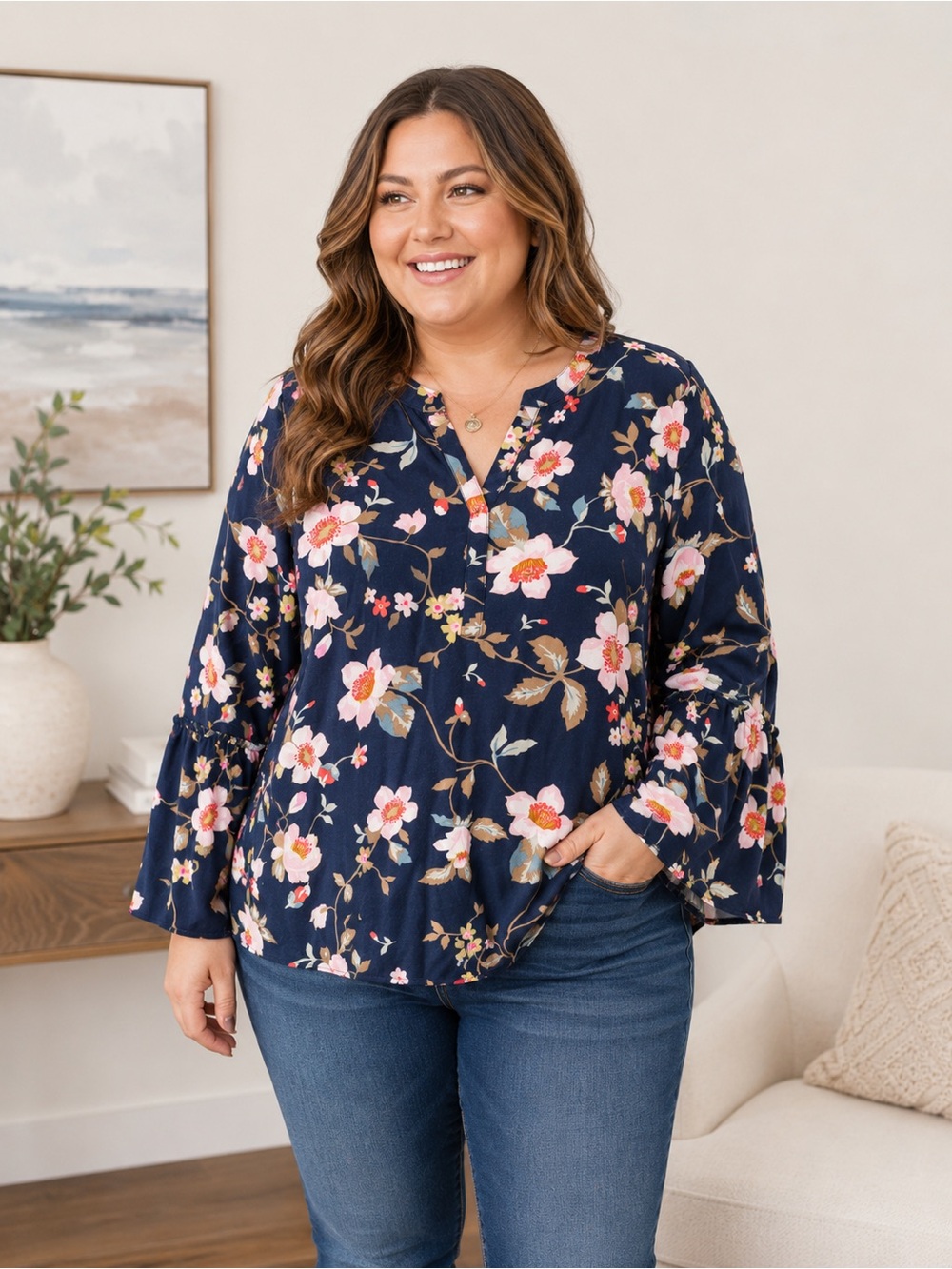 Floral V-Neck Bell Sleeve Top - Navy